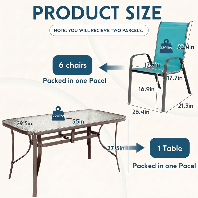 Patio Dining Set For 6, Outdoor Table And Chairs With 1.69'' Umbrella Hole, All Weather Patio Furniture Set, 30"X 55" Table And Stackable Pvc-Coated Polyester Chair, For Lawn, Deck (Umbrella Not Included)(Brown Table & Sky Blue Chairs )