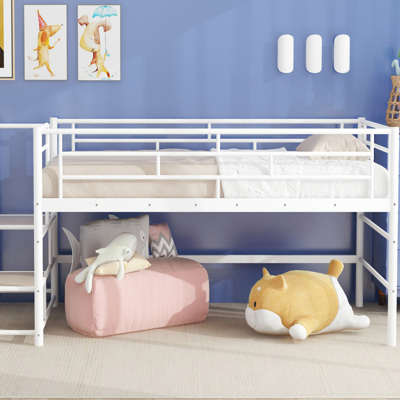 Lit mezzanine moyen avec escalier de rangement, simple, blanc - Conception peu encombrante pour les chambres de personnes avec sécurité et durabilité