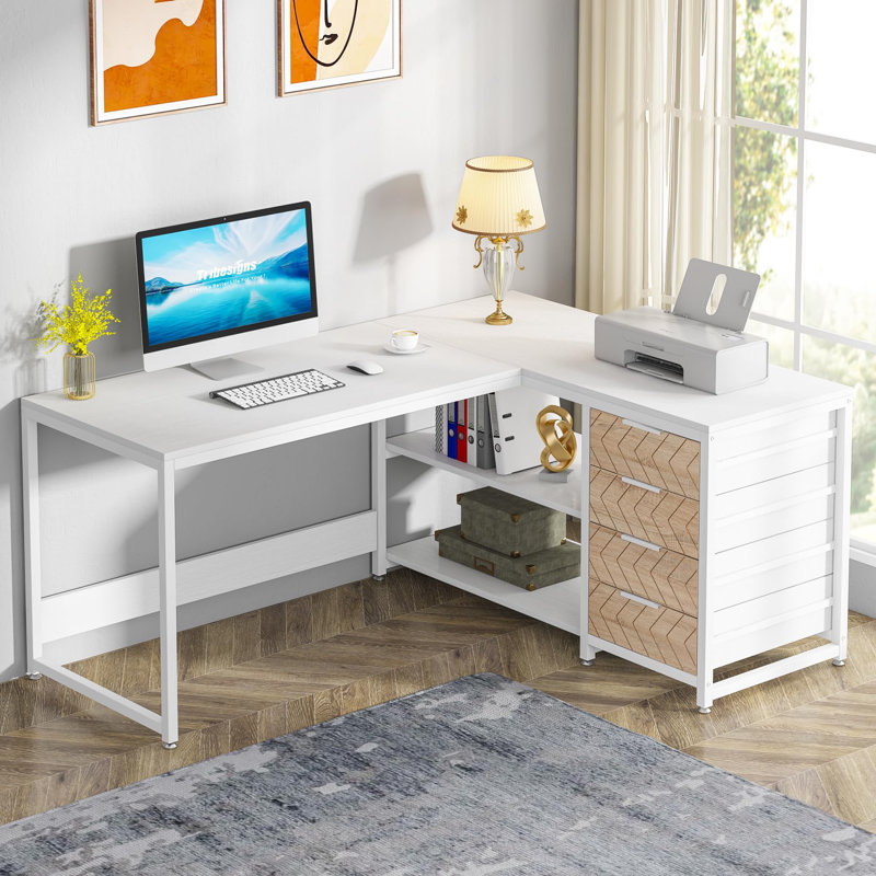 L-Shaped Computer Desk, White, Beige/White