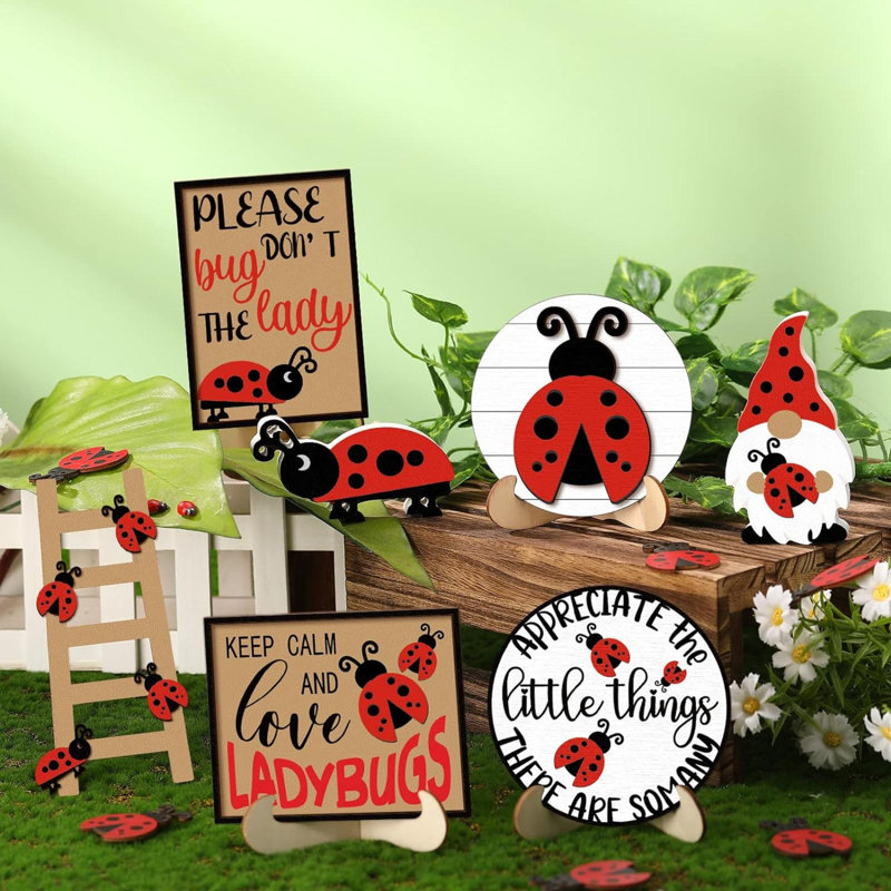 Camarata 12 pièces rouge coccinelle plateau décoré ensemble de décoration printemps été panneau de bois rustique décor de maison de campagne coccinelle plateaux décoratifs plateaux de signes pour la maison décorations de cuisine (coccinelle)