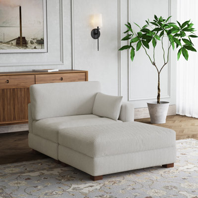Chaise longue modulaire rembourrée en velours côtelé beige avec accoudoirs et coussins Bentura