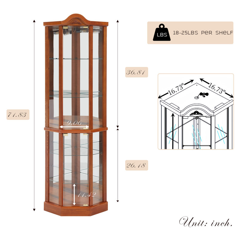  Corner Curio Cabinet, 72" H Lighted Glass Display Cabinet with 6 Adjustable Shelves, China Cabinet with Tempered Glass Doors, Light Blub Included, Rack for Living Room