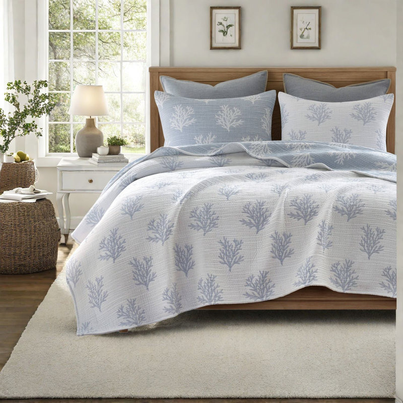 De courtepointe réversible bleue à pièces, mélange de coton et chambre à coucher moderne