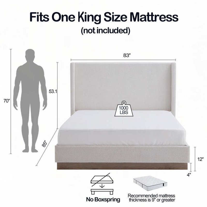 Upholstered Wingback Bed with 53.1" Tall Headboard, King