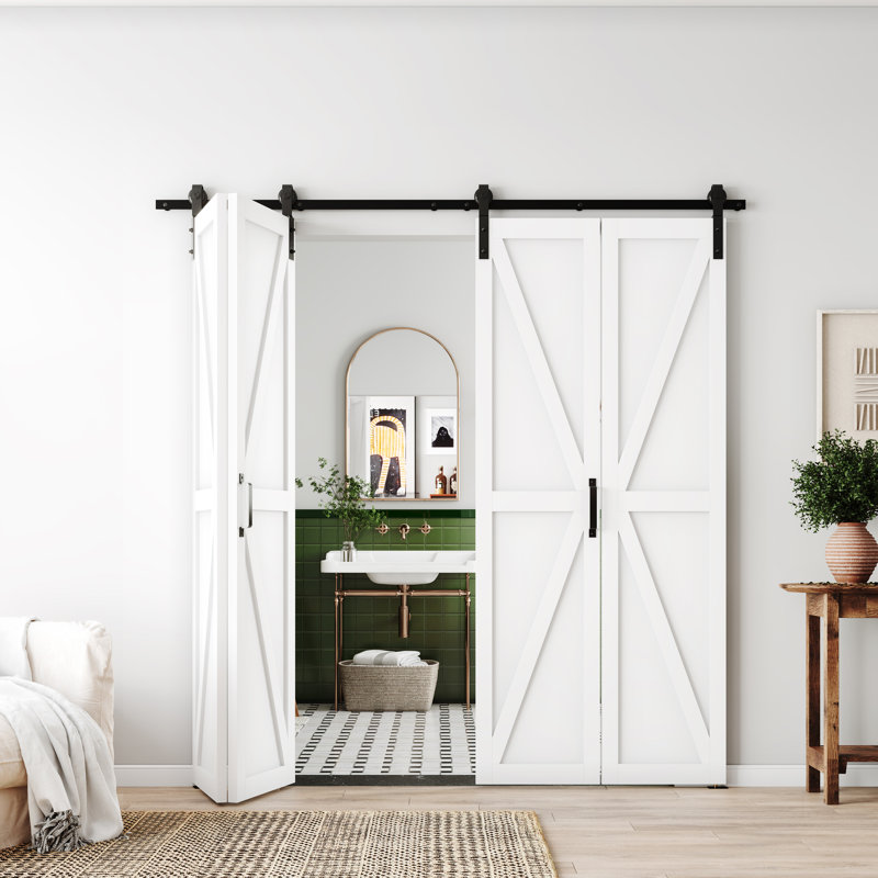 Design moderne en forme de K - Porte de grange pliante en bois manufacturé avec trousse de quincaillerie, 72 po x 84 po