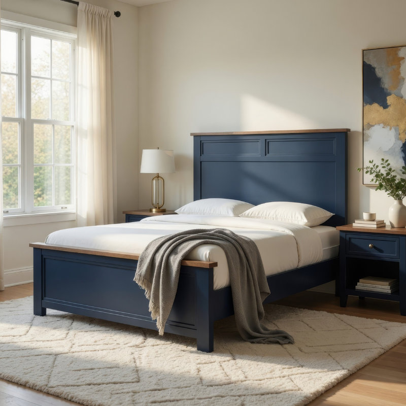 Lit double avec tête de lit encastrée Tela, garniture brun foncé, bleu Tela, Bleu / brun foncé, Double