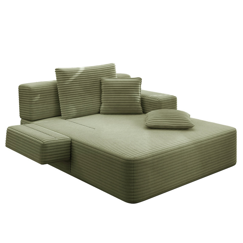 Luxueuse chaise longue en velours côtelé moelleux avec 3 coussins, canapé-lit convertible avec pochette de rangement, conception sans cadre et mousse à compression pour les petits espaces, salon, appartement, vert