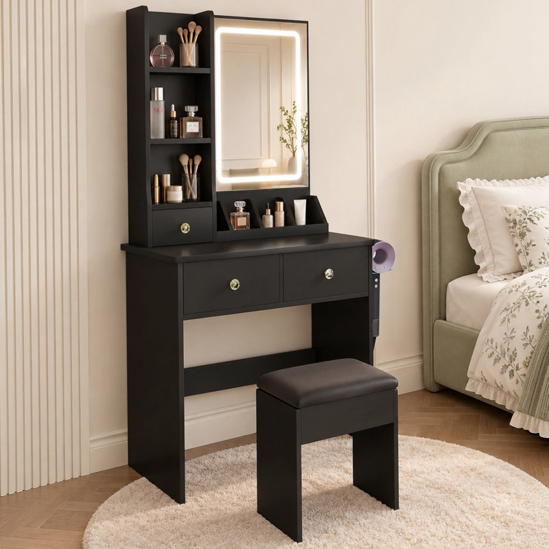 Coiffeuse minimaliste moderne et compacte pour chambre à coucher, meuble de maquillage avec bureau intégré, petite table de maquillage pour appartement.