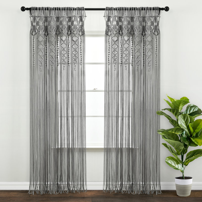 Boho Macrame Textured Cotton Cotton Sheer Curtain Single Panel, Grey, 40"W x 95"L