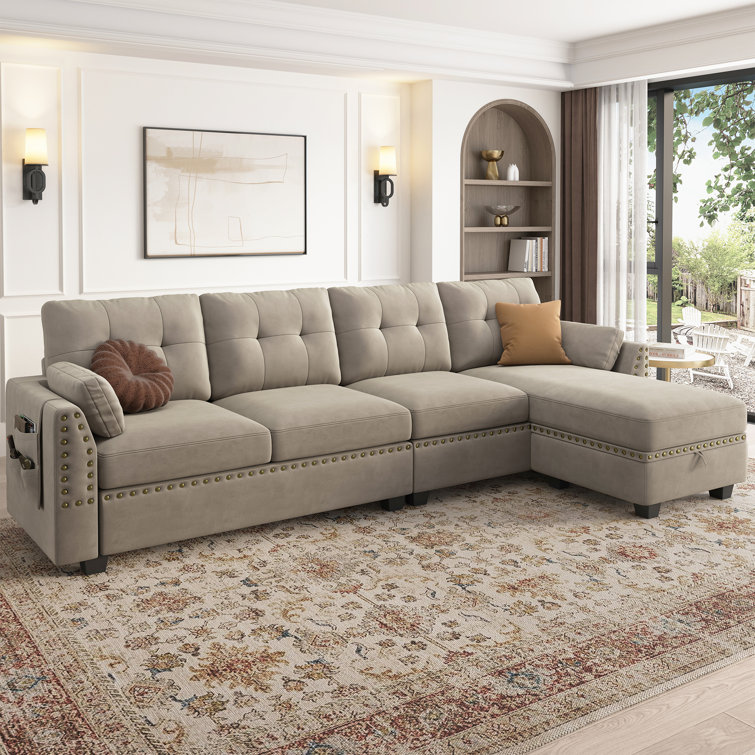 HONBAY Velvet Sectional Sofa Couch Set with Chaise and Tufted Back Cushions  for Living Room, Dull Grey 