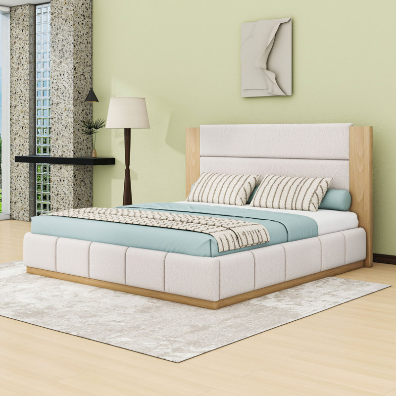 Lit plateforme tapissier élégant avec tête de lit en tissu d'ameublement doux, Blanc, Très grand lit
