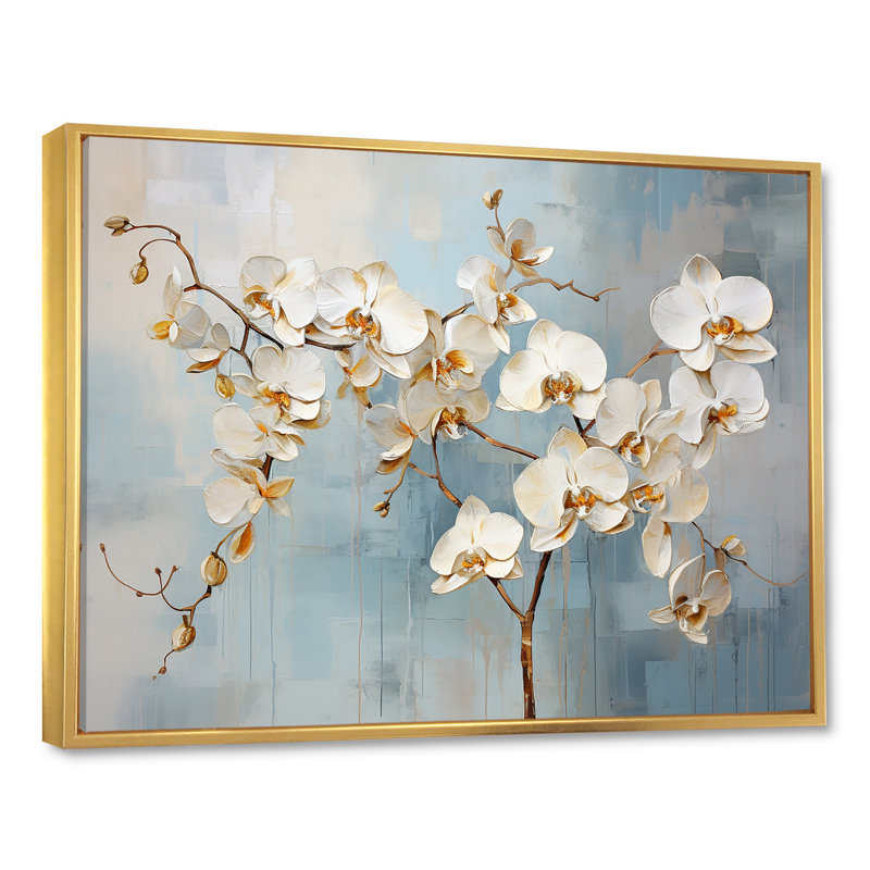 Orchidée beige et or I - impressions sur toile, Cadre flottant doré, H 12 po x l 20 po x P 1 po