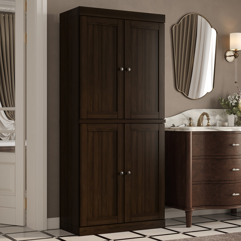 100% Solid Wood Bathroom Storage Cabinet, Shaker Doors, 2 Drawers, Adjustable Shelves, 32" Wide, 71.5" Tall, Espresso
