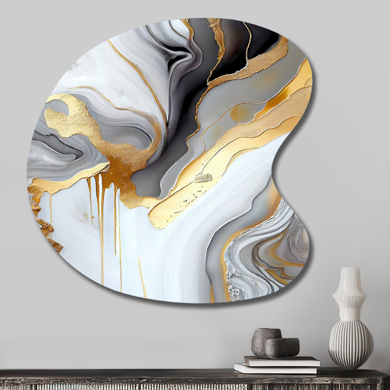 Marbre blanc et or abstrait II - impression d'art en métal de forme irrégulière, décoration murale asymétrique en métal blanc