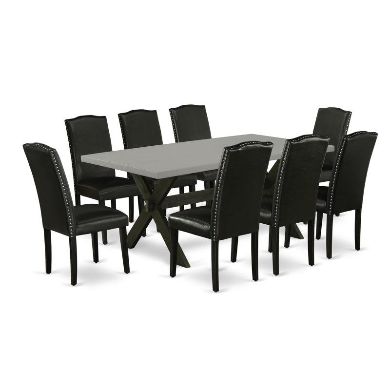 9 Piece Dining Room Set Includes a Rectangle Kitchen Table with X-Legs and 8 Black Faux Leather Upholstered Parson Chairs, Wire brushed Black