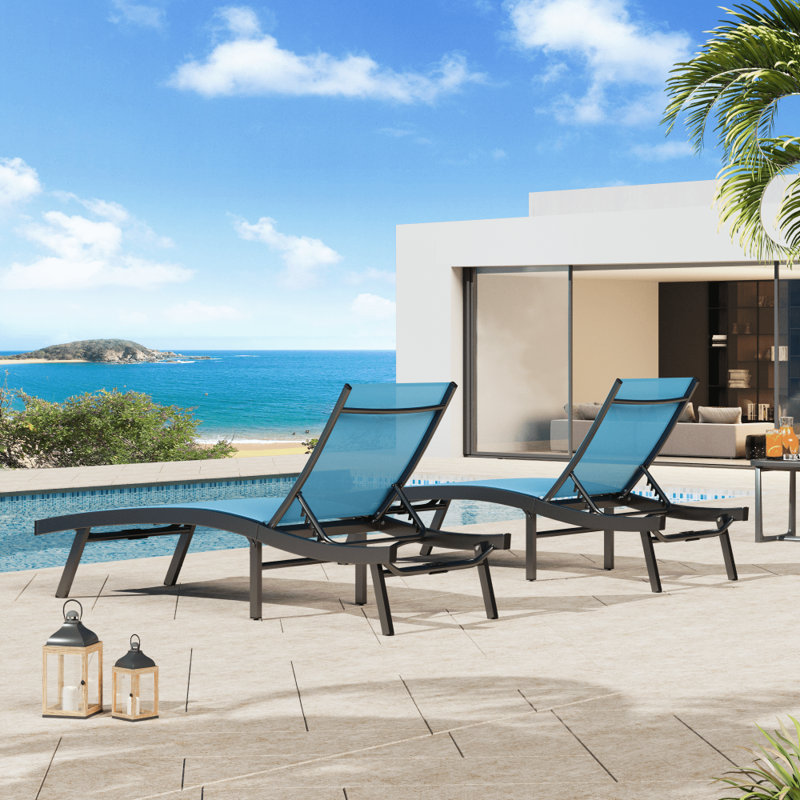 2 PCS All Weather Pool Lounge Chairs Ergonomic Design With Adjustable Backrest, Blue