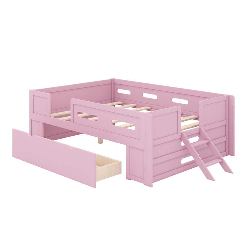Lit à profil bas avec barrière de sécurité et tiroir de rangement, Rose