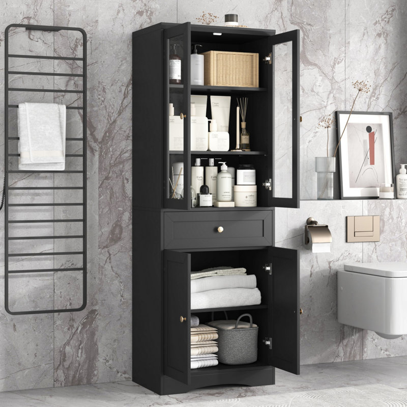 Grande armoire de rangement pour salle de bain avec tiroirs, tablette réglable et quatre portes, armoire de style moderne pour salle de bain, armoire de salle de bain pour salle de bain organisée
