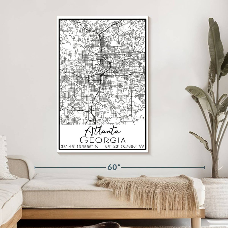 Carte de la ville d'Atlanta sur toile, H 48 po x l 32 po x P 1,25 po