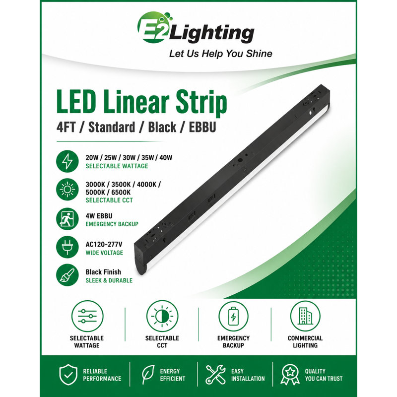 Réglette DEL linéaire E2 Lighting 120 cm avec batterie de secours, puissance et température de couleur réglables, noire