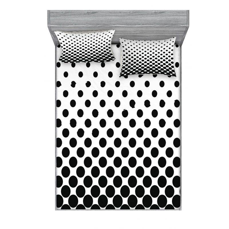 Microfiber Sheet Set, Full Sheet Set + Fitted Sheet + 2 Pillowcases, Black/White Polka Dots