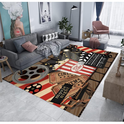 Vintage Movie Area Rug, Red Home Theater Carpet,Theater Accessories Home Cinema Sign Washable with Non-Slip Backing, Gamer Room Living Room Decor, 6′ × 8.2′
