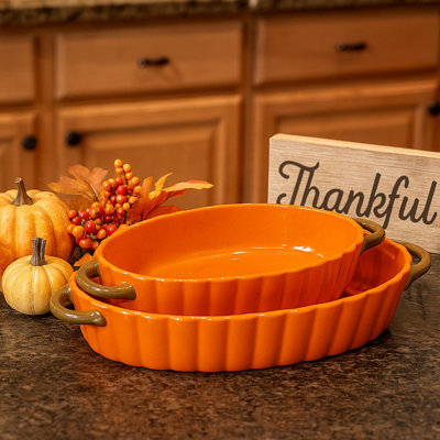 10 Strawberry Street Pumpkin Patch Oval  12" & 14.5" Stoneware Bakers,  Orange