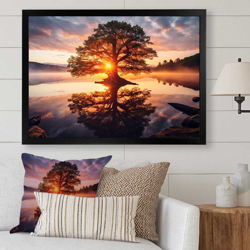 Soleil couchant à travers les arbres au bord du lac sur toile, Cadre photo noir, H 24 po x l 32 po x P 1 po