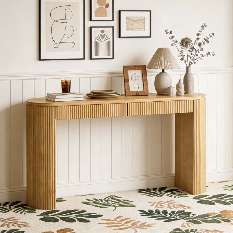 58.2" Entryway Table with Large Top and Dual Drawers,Console Table with Arched Sturdy Legs Stripe Design, Natural