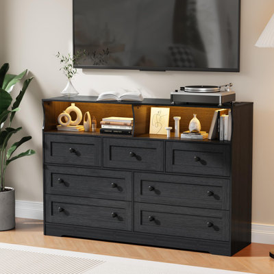 Dresser for Bedroom with Charging Station and LED Lights 7 Drawer Wooden LED Dresser with 2 Open Storage Cubbies Wide Chest of Drawer for Living Room Closet s Room Black