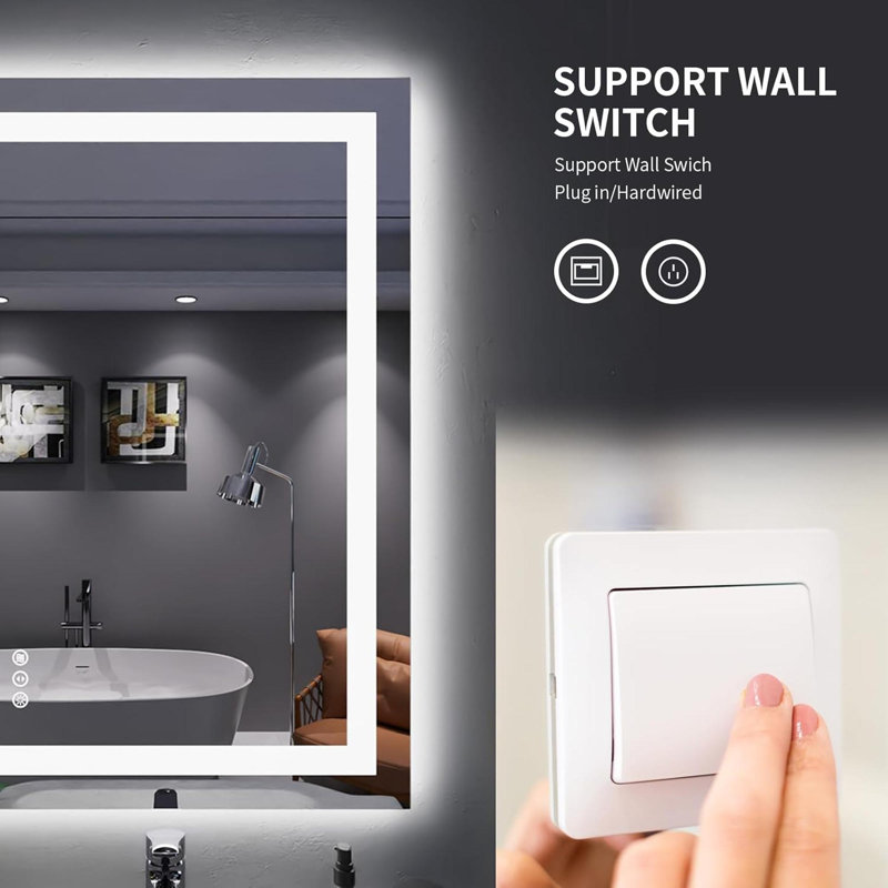 Miroir de salle de bain sans cadre à DEL, miroir intelligent, 24 po x 36 po, Rectangulaire, Verticale