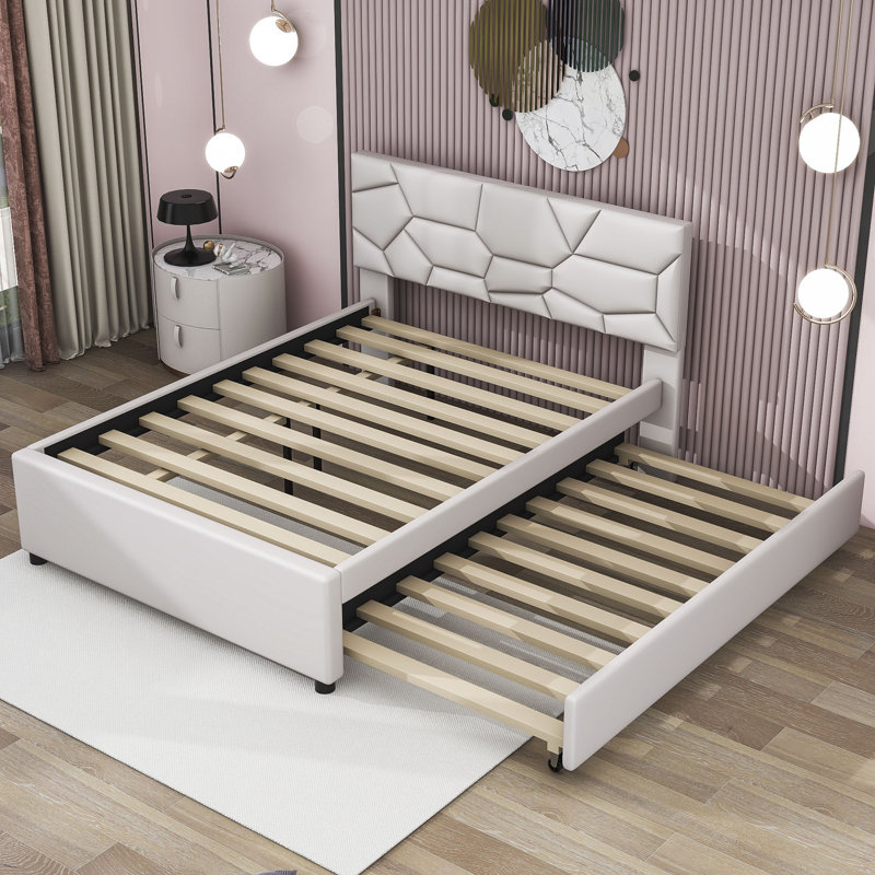 Wildo Linen Upholstered Platform Bed with Trundle And Headboard, Beige, Full