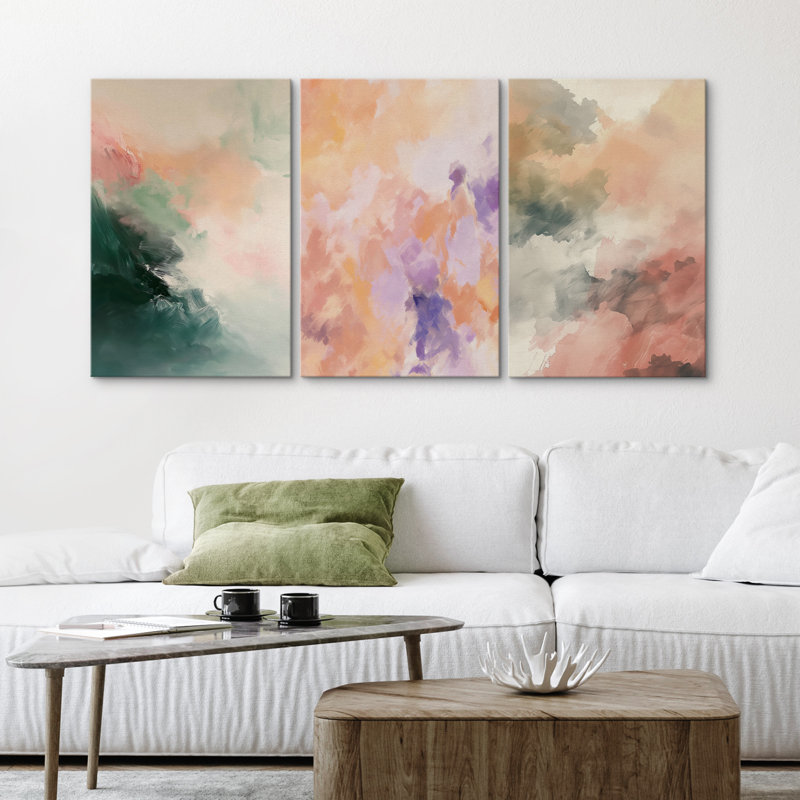 Vert, rose, triptyque, abstrait, moderne, coloré, coups de peinture, Toile tendue, H 36 po x l 72 po