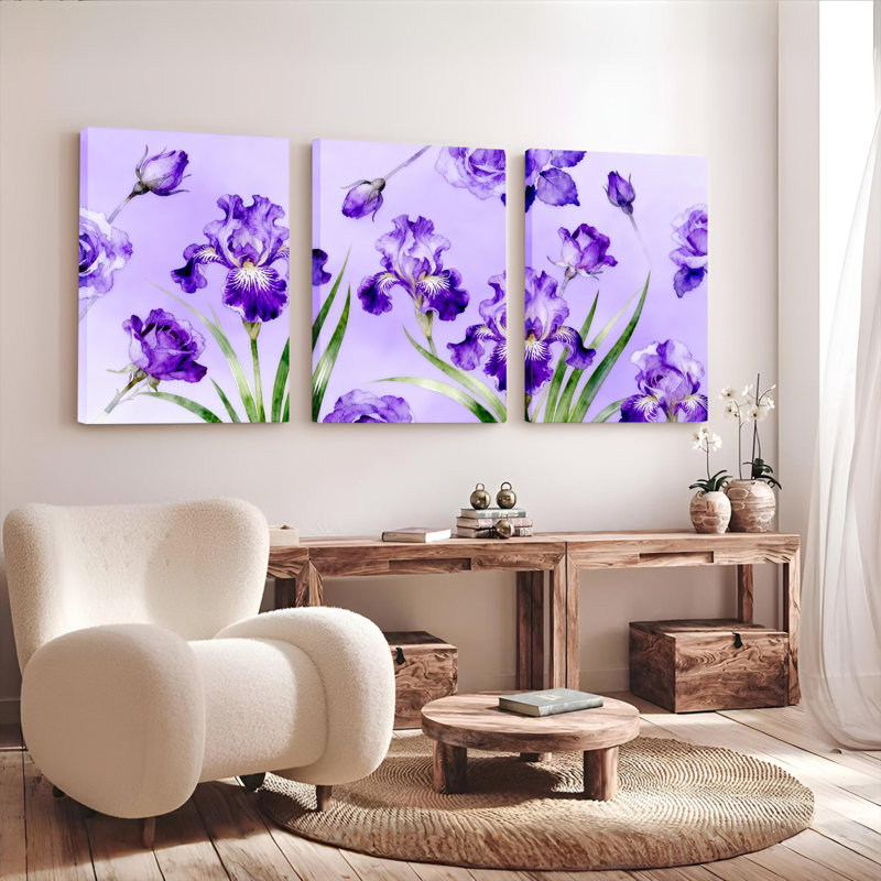 «Mauve Iris», reproduction d'art sur toile tendue sur toile, ensemble de 3, H 24 po x l 48 po