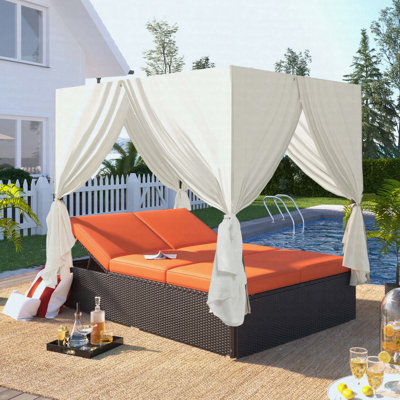 Outdoor Double Chaise Lounge Daybed Curtains Steel Frame HDPE Adjustable 6-Position Patio