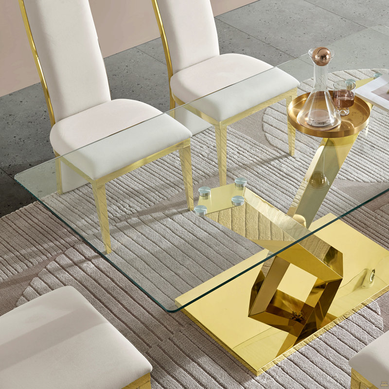 Table de salle à manger moderne en verre 70 po, table de salle à manger luxueuse en acier inoxydable doré, table de salle à manger rectangulaire en verre trempé transparent, mobilier de salle à manger contemporain