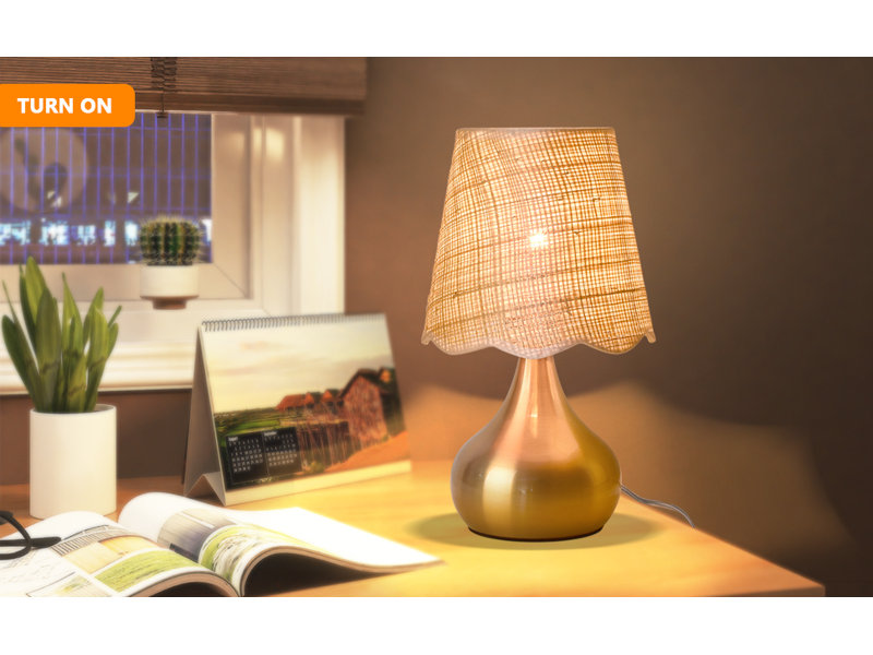 Gold Brass Table Lamp with Scalloped Rattan Shade