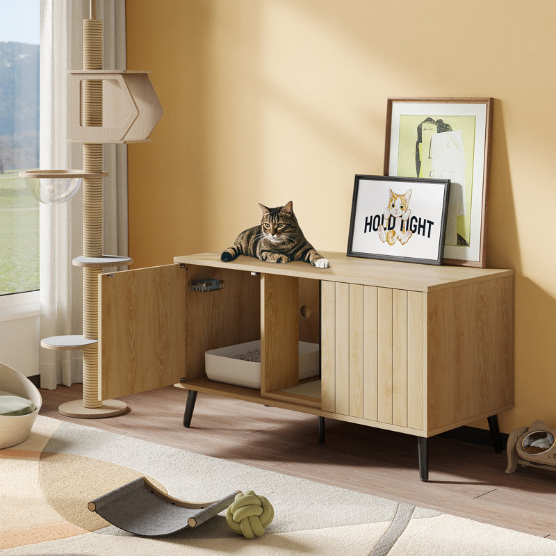 47.24" Cat litter Box Enclousure Furniture For 2 Cats ,Indoor Cat House Hidden With Cat Scratch Pad ,TV Stand Side Table,Cat Washroom.