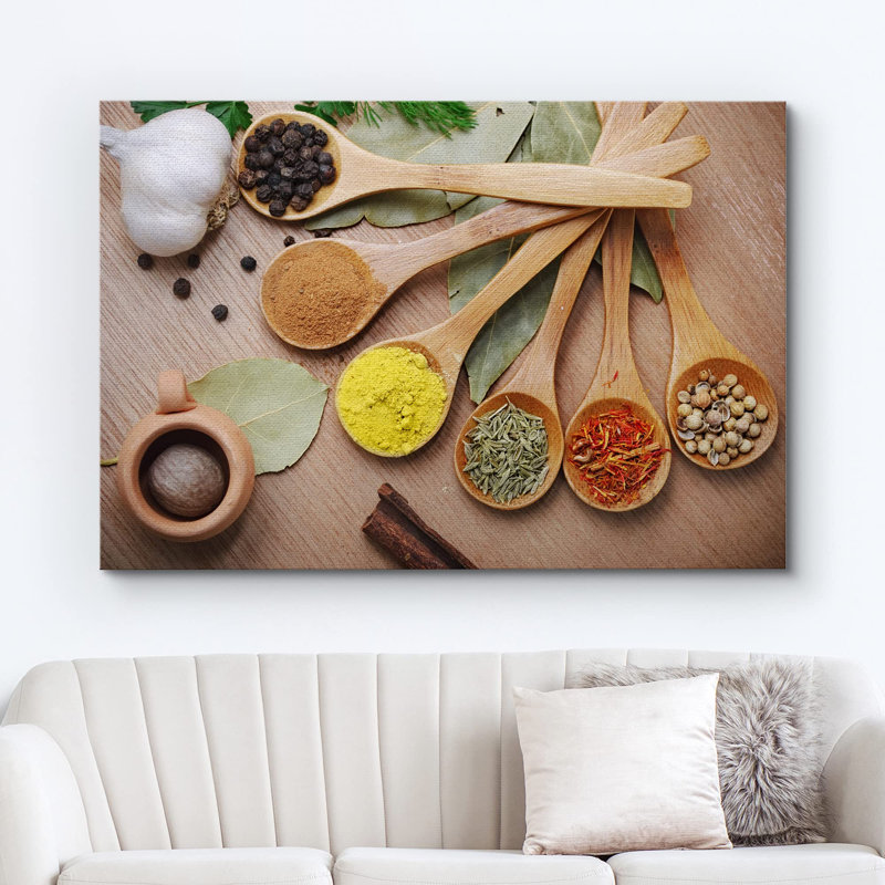 Nature morte, diverses épices dans une cuillère en bois, concept de cuisine, décoration murale moderne, décoration intérieure