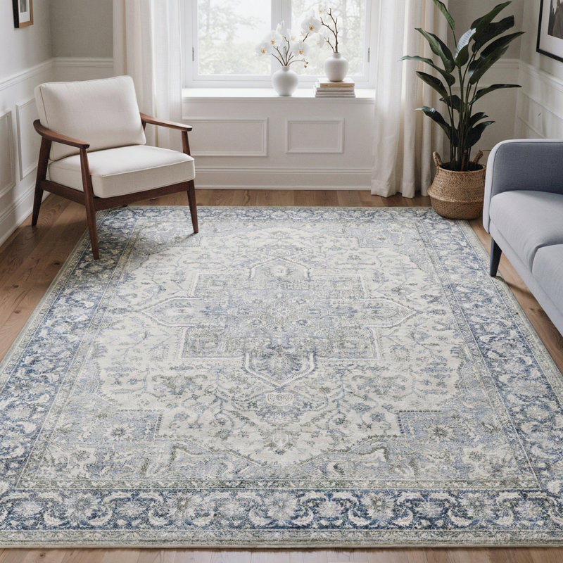 Lumina Traditional Medallion Machine Washable Blue / Grey Indoor Area Rug with Non-Slip Backing, Round 5'