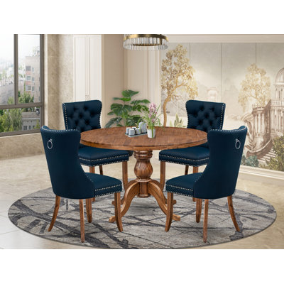 Ensemble de table de cuisine 5 pièces en polyester, 4 chaises de salle à manger bleu marine, dossiers capitonnés et une table ronde de 48 po au fini noyer antique.