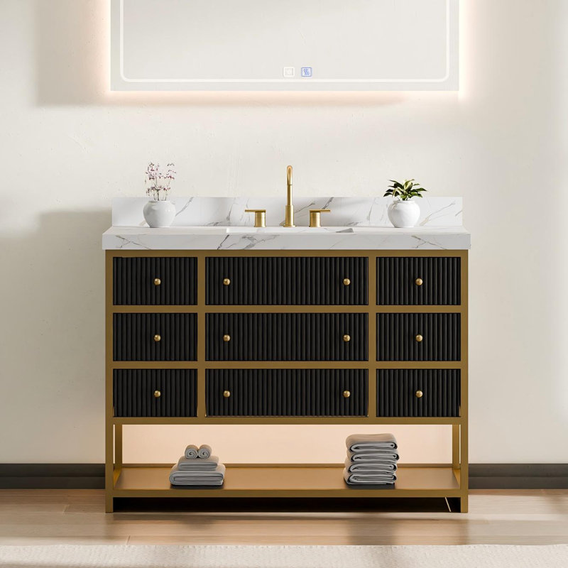 Celestia 48" Solid Oak Freestanding Single Bathroom Vanity with LED Light, Fluted Drawers & Stone Countertop Black with Gold Frame