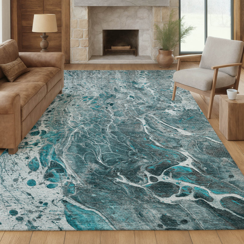 Tapis abstrait lavable à la machine intérieur / extérieur ACN2730, Bleu sarcelle, 3 pi x 5 pi