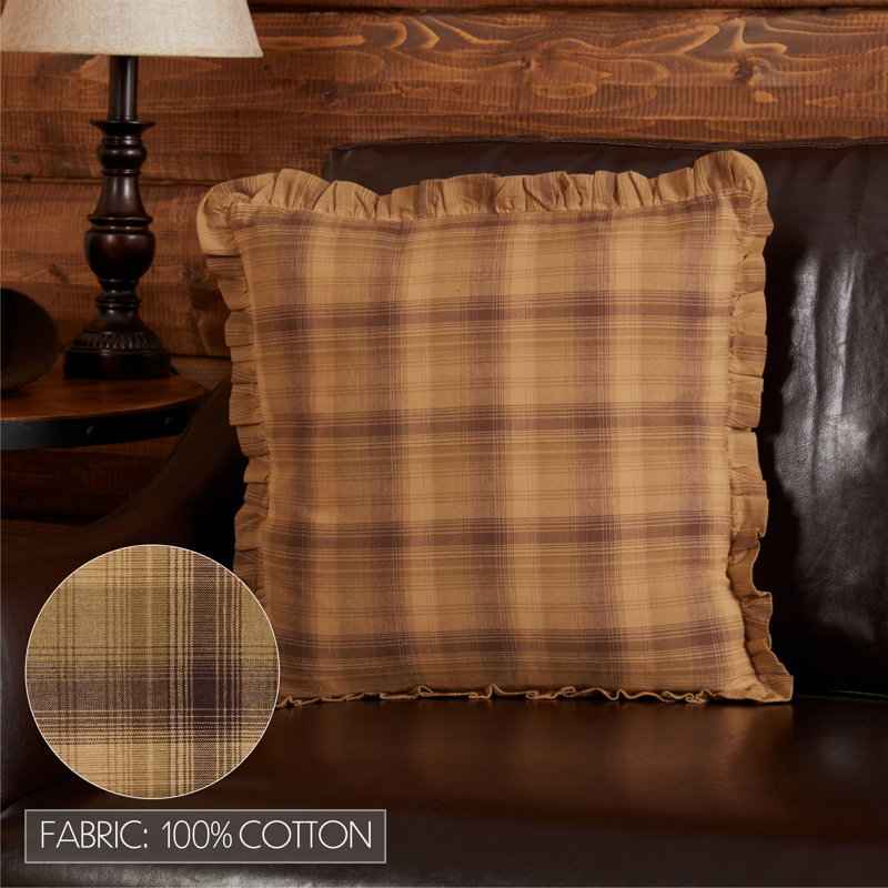 Prescott Tan and Brown Plaid Cotton Ruffled Square Pillow 16x16