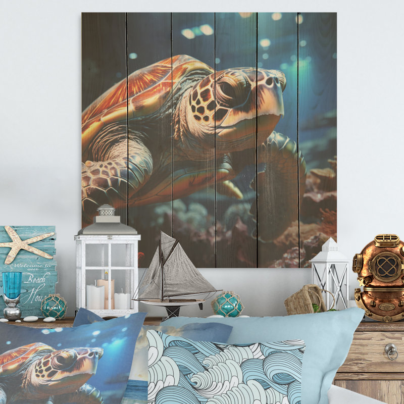 Représentation réaliste d'une tortue - art mural en bois de tortue sur bois de pin naturel, H 36 po x l 36 po