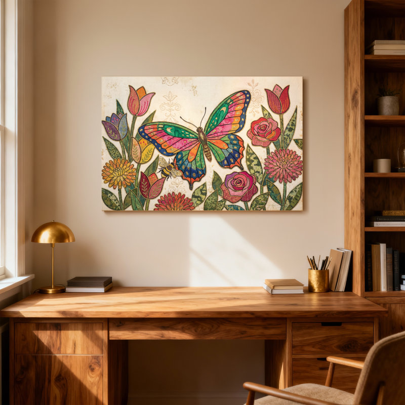 Animaux, papillon coloré parmi des fleurs et des feuilles vibrantes, H 12 po x l 18 po