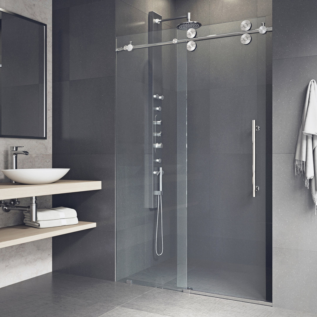 Elan 44-48" W x 74" H Sliding Frameless Shower Door with 3/8" Clear Glass VIGO Finish: Stainless Steel