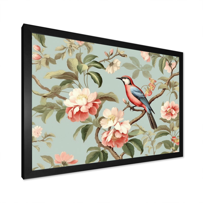 Chinoiserie avec oiseaux et pivoines - impression sur toile florale, H 24 po x l 24 po x P 1 po, Cadre simple noir