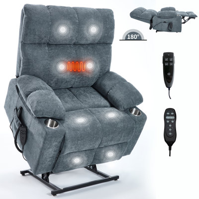 Ergonomic Power Lift Recliner With Vibration Massage And Lumbar Heating In Grey-blue Fabric For Ultimate Relaxation And Comfort
