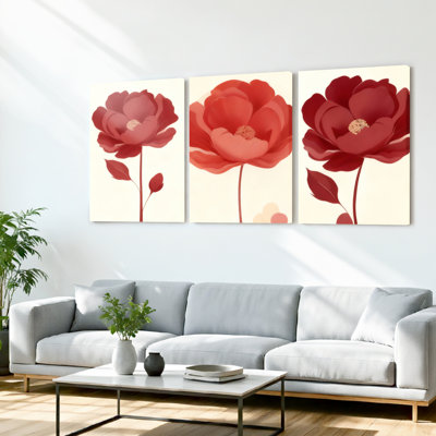 Red Rose Floral Canvas Wrapped Wall Art, Oil Painting Print (Set of 3)